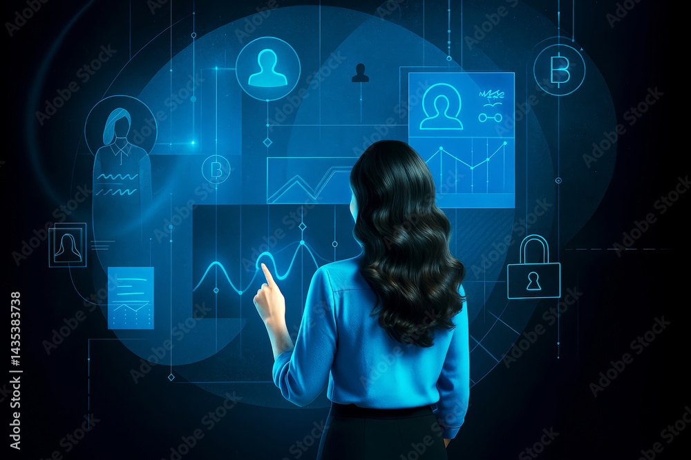 Fototapete Woman interacting with glowing digital interface showing graphs, data, and security icons on dark background representing futuristic technology concept.