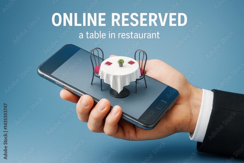 Poster online restaurant table reservation concept with miniature dining setup on smartphone held in hand a