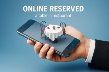 Online restaurant table reservation concept with miniature dining setup on smartphone held in hand against blue background. Ai generative.