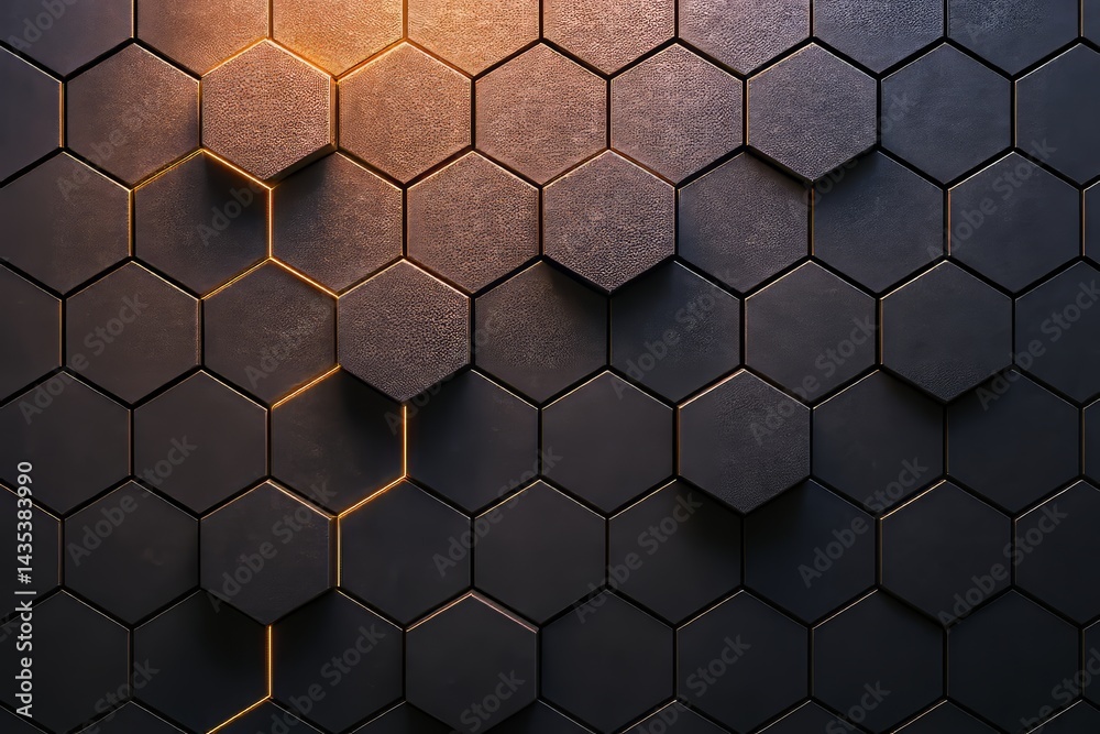Fototapete Dark hexagonal wall background with glowing lines and 3D texture elements creating a modern abstract geometric design template for copyspace.