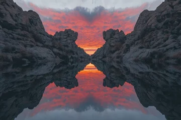 Printed kitchen splashbacks Dramatic sunset reflected in calm water between rocky outcrops  A symmetrical landscape with vibrant colors and mirrored reflections