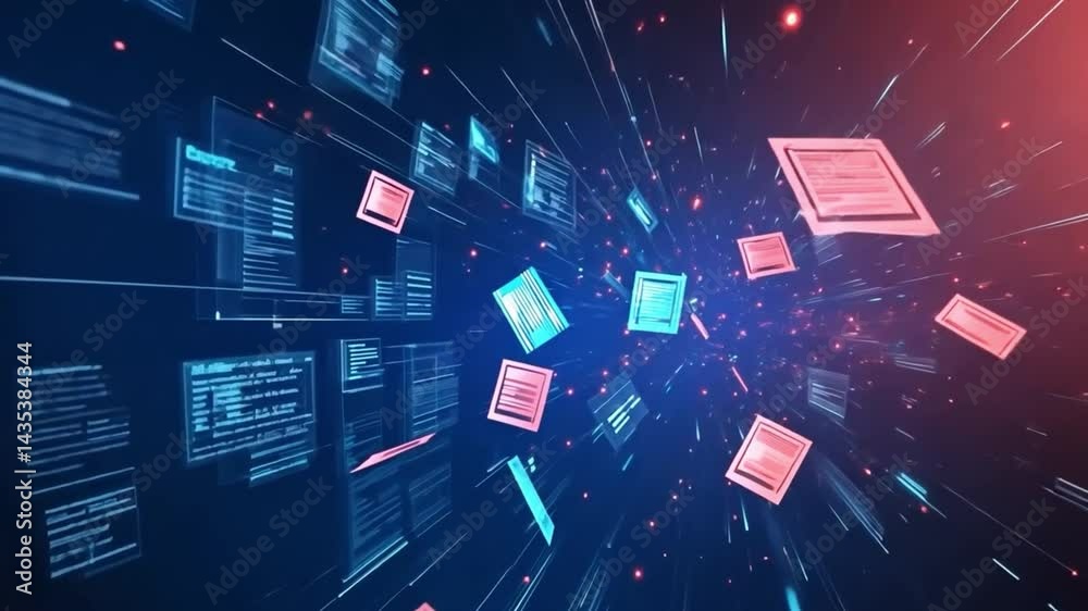 Poster abstract digital data flow with floating documents and particles