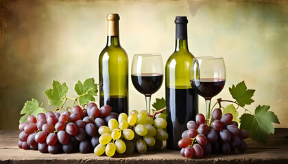 Obraz premium Still Life of Vintage Wine Bottle with Grapes on Rustic Table