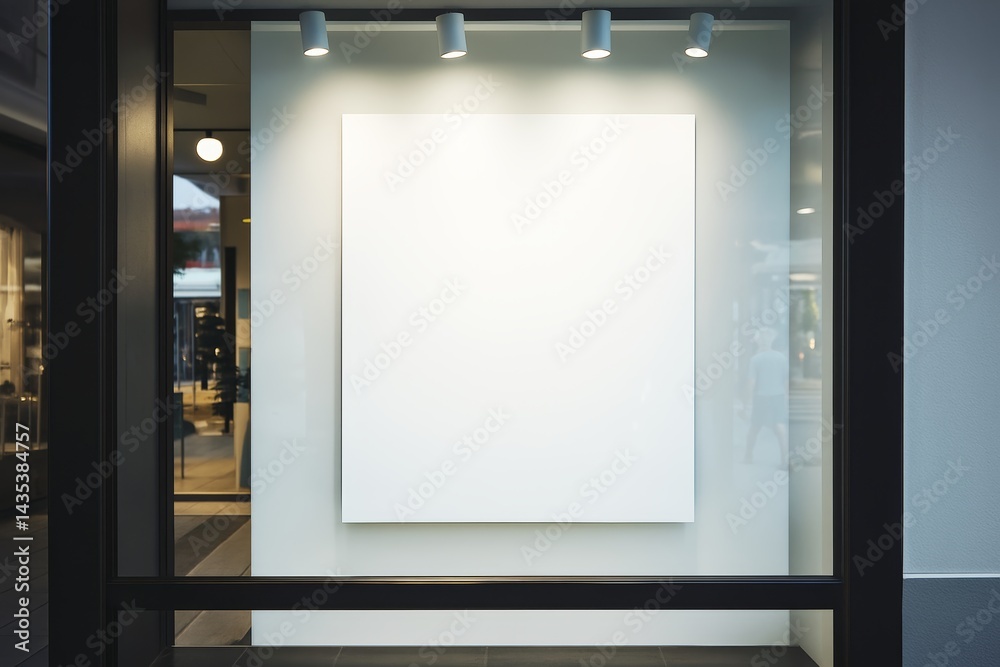 Poster vertical blank poster mockup displayed in a shop window under ceiling spotlights for branding or adv