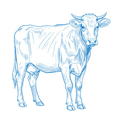 Hand Drawn Detailed Cow Illustration in Vintage Rustic Style Black and White Cattle Artwork for Farmhouse Decor Retro Rural Agriculture Theme Farm Animal Sketch