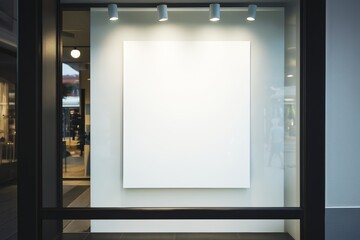 Vertical blank poster mockup displayed in a shop window under ceiling spotlights for branding or advertising presentation concept.