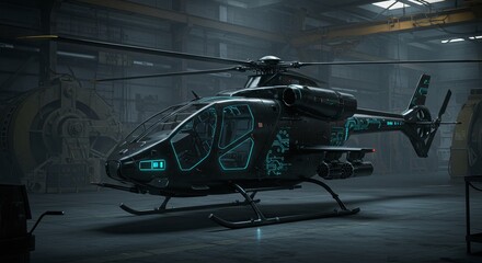 Futuristic Black Helicopter with Glowing Circuitry Inside Industrial Hangar