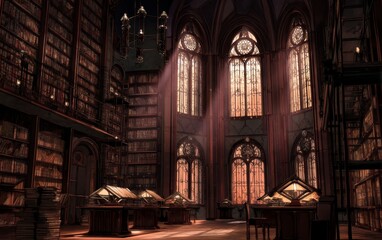 Fototapeta premium circular library from antiquity, its concentric shelves radiating outward like a mandala, scholars studying at stone desks