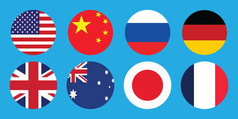 Flags of Major World Powers of the USA, China, Russia, Germany, UK, Australia, Japan, and France.