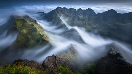Obraz premium Misty mountain peaks, vibrant green landscape