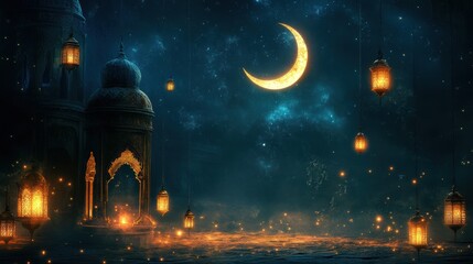Obraz premium Enchanting Night Scene with Crescent Moon, Lanterns, and Magical Glow in a Mystical Setting under a Starry Sky