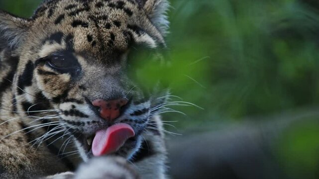 Clouded leopard looking at camera, sticking out tongue