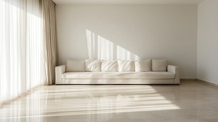 Fototapeta premium Light streams across a modern living room with a white couch