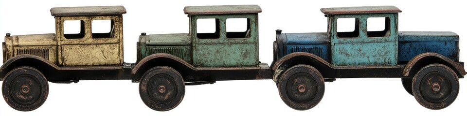 Three vintage toy trucks in pastel colors, connected, showing age and wear