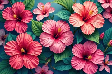 Intricate hibiscus blossoms, vibrant hues, repeating floral motif , background, fabric