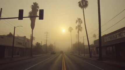 Fototapeta premium A foggy street view with palm trees and obscured buildings