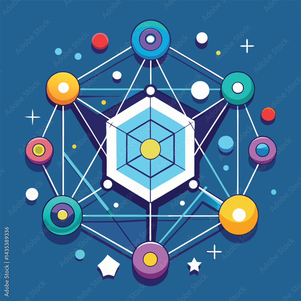 Poster geometric shape symbolizing connectivity and interaction with vibrant colors and dynamic lines set a