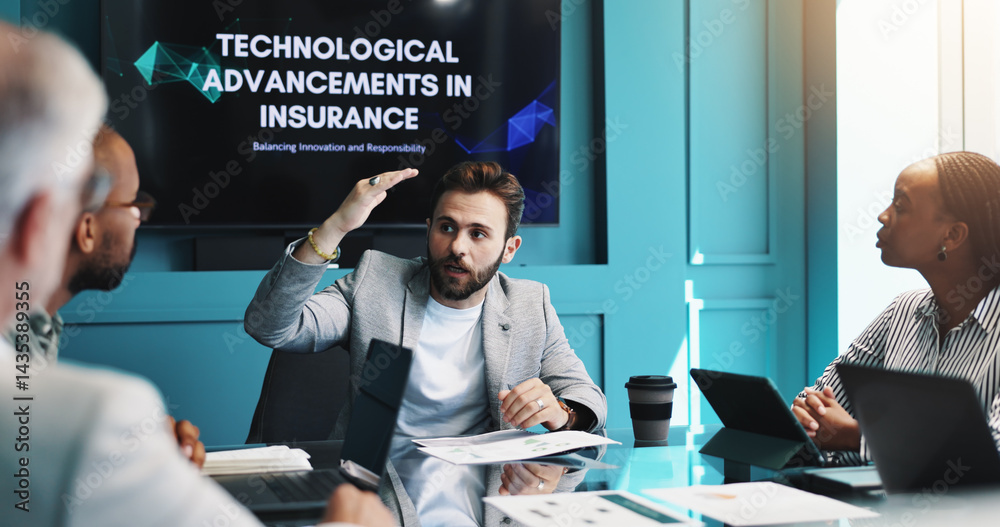 Aufkleber businessman, meeting and presentation with screen for project discussion, insurance or machine learn