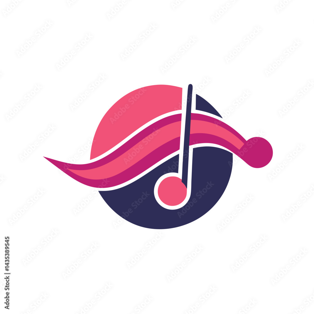 Poster rhythmic minimalist logo design featuring a stylized music note and sound wave in a vibrant color pa