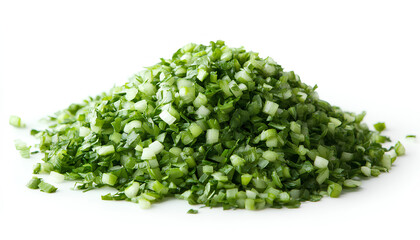 Obraz premium Heap of freshly chopped green onions isolated on white