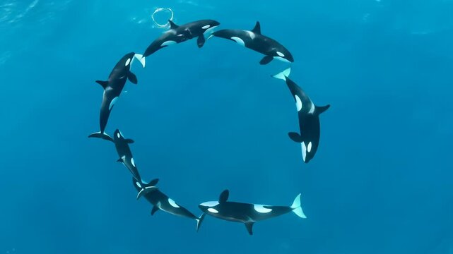 Orcas Swimming Together in Circle Formation Underwater