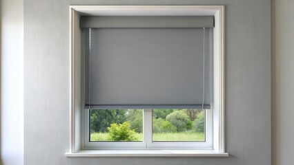 Fototapeta premium Modern Gray Roller Blind Window Decor, gray blackout roller blind, plastic window shutter