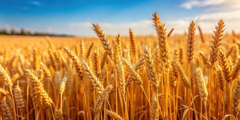 Fototapeta premium Golden wheat stalks standing tall in a dry cereal field after harvest in summer