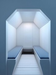 Obraz premium Interior of a sauna room with a hexagonal shape. the walls are painted in a light blue color and the floor is made of white wooden planks.