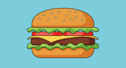 Cartoon Burger with Lettuce Tomato Cheese and Sesame Seed Bun