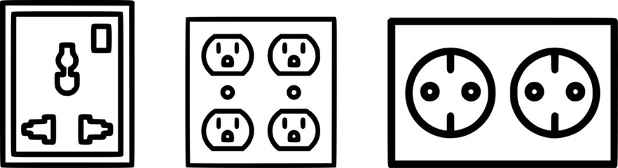 Set of Minimalist Electrical Outlet Vector Icons – Universal, American, and European Power Socket Designs in Line Art Style