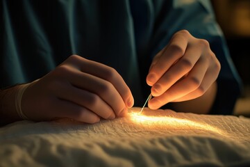Close-up of a surgeon's hands meticulously stitching a luminous surgical material.