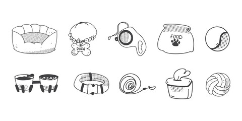 Various accessories and equipment for dogs. All elements are isolated. Trendy vector illustration.