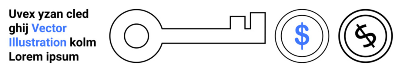 Key symbol next to dollar signs in circular designs, representing financial opportunities, investment, money management, and wealth access. Ideal for banking, savings, loans, finance strategy
