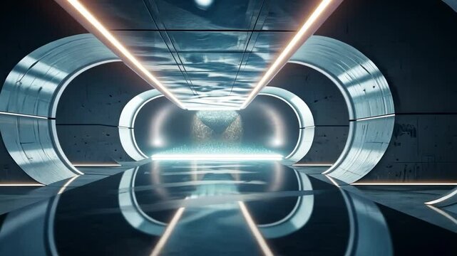 Futuristic interior corridor with glowing lights and sleek design