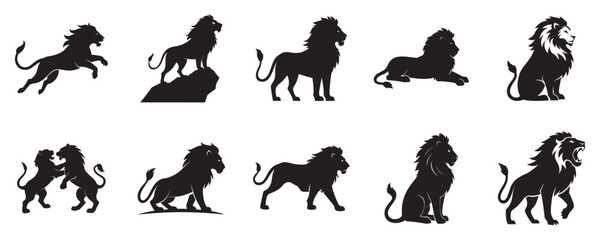 Lion Activities Silhouette Vector Set Roaring, Hunting, Resting, Leaping on White Background