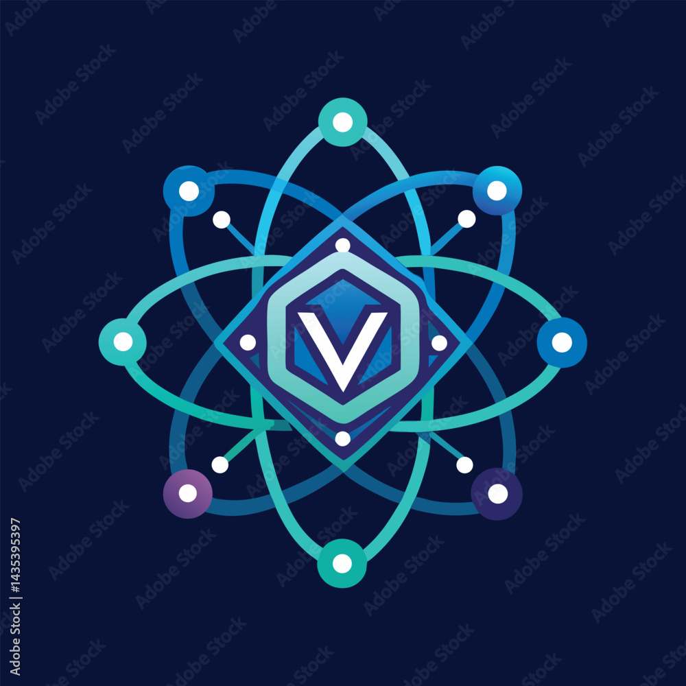 Poster modern vector logo representing a quantum computing innovator with intricate design elements reflect