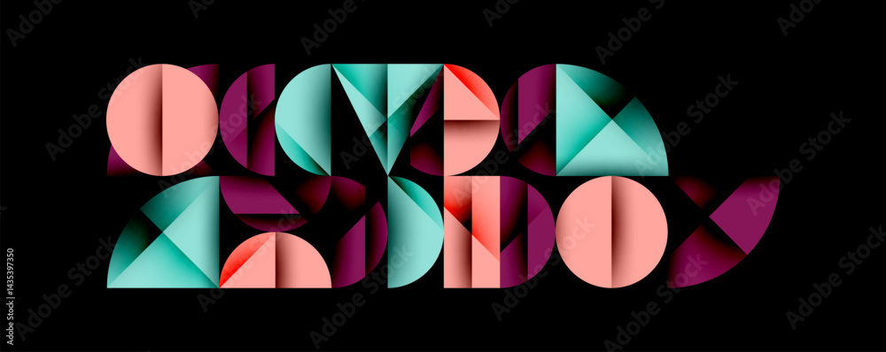 Poster abstract graphic design featuring colorful geometric shapes forming text. bold composition, modern a