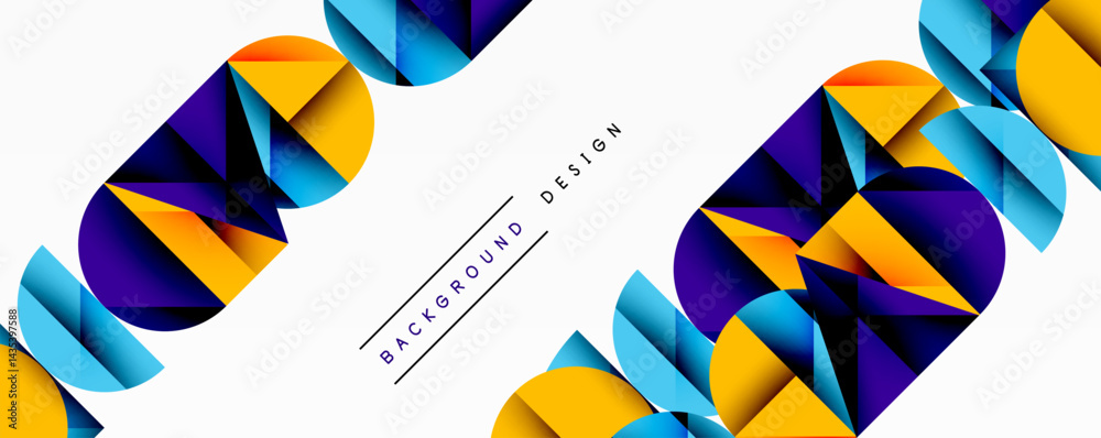 Poster abstract geometric shapes overlap, creating vibrant color gradients. design features gold, blue, pur