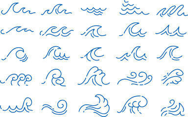 Collection of hand-drawn wave icons and elements, blue water and flowing abstract curve lines. Concept for ocean-inspired designs, nautical themes, or creative projects. Wavy natural patterns