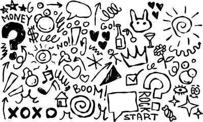 Doodle set with fun symbols, hearts, stars, and musical notes. Hand drawn design perfect for creative projects and prints.