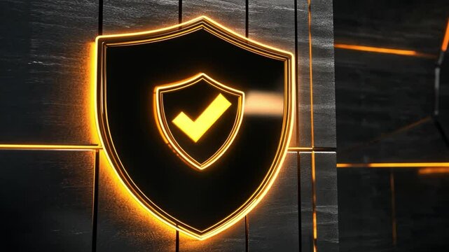 Glowing shield symbol with check mark on dark background