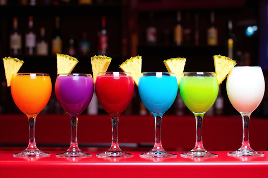 row of colorful drinks sitting on top of a bar