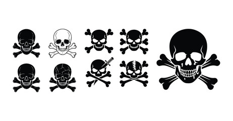 Skull and Crossbones Silhouette Set | Death Symbol Vector Art Danger Skull with Crossbones | Horror Silhouette Illustration