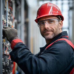 Fototapeta premium Electrician performing maintenance on a buildings electrical panel