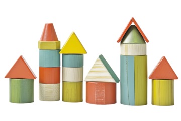 Colorful wooden building blocks arranged in a cityscape formation