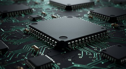 Fototapeta premium Close-up view of a circuit board with microchips, showcasing intricate details of technology and innovation.