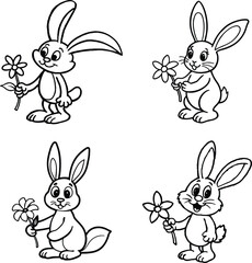 Fototapeta premium Cartoon easter bunny holding flower black and white illustration