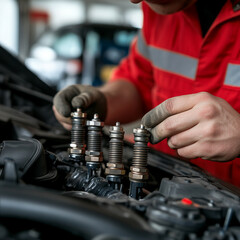 Naklejka premium Mechanic replacing spark plugs in a car's engine