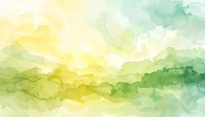Fototapeta premium Watercolor painting with soft brushstrokes in green yellow tones, dreamy and relaxing. Hand drawn