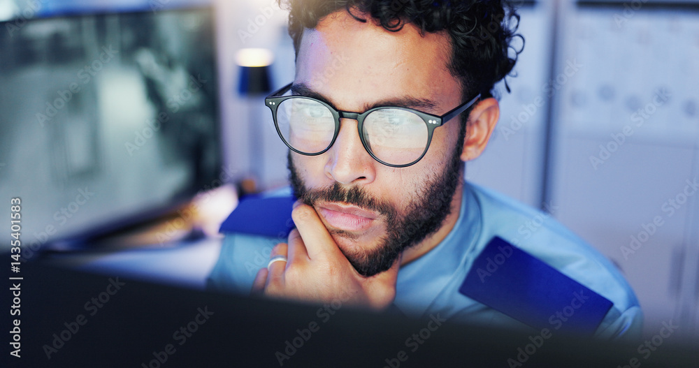 Poster Night, footage and security guard with computer, man and monitoring of danger with tech and safety. Watching, video and person with glasses in control room, protection and serious for observation